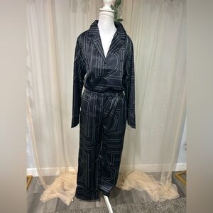 Endless Mcon Black Logo Print Satin Feel 2 Piece Set Wide Leg Pants Small NWT